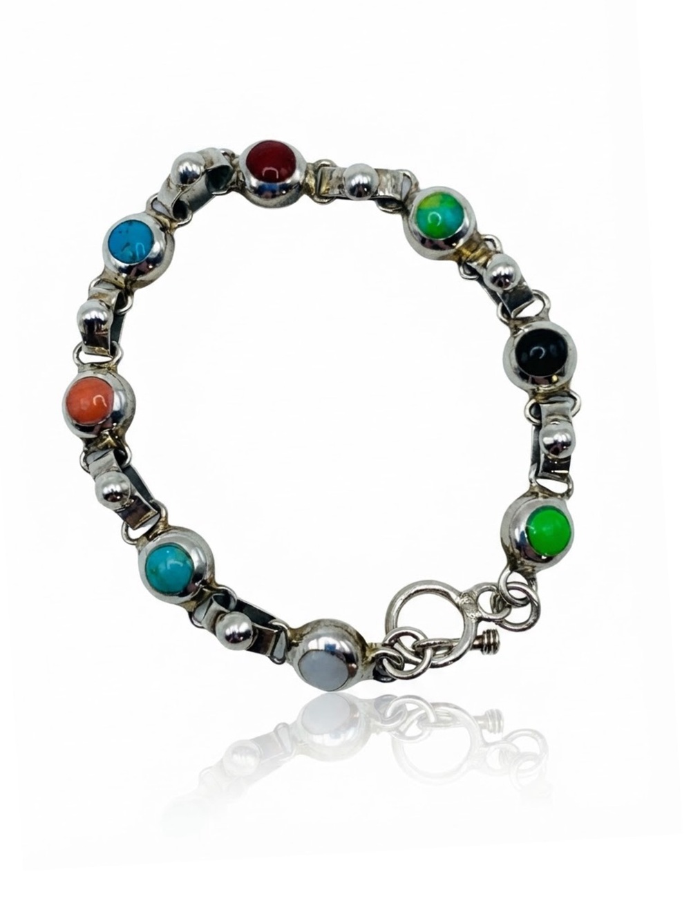 Vintage 1970s Mexico 925 Sterling Silver XRF Tested Multi Stone Link Bracelet